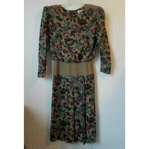 Vintage Jackie Taub Connections Floral Midi Dress Women 10 Pleated Button Beige